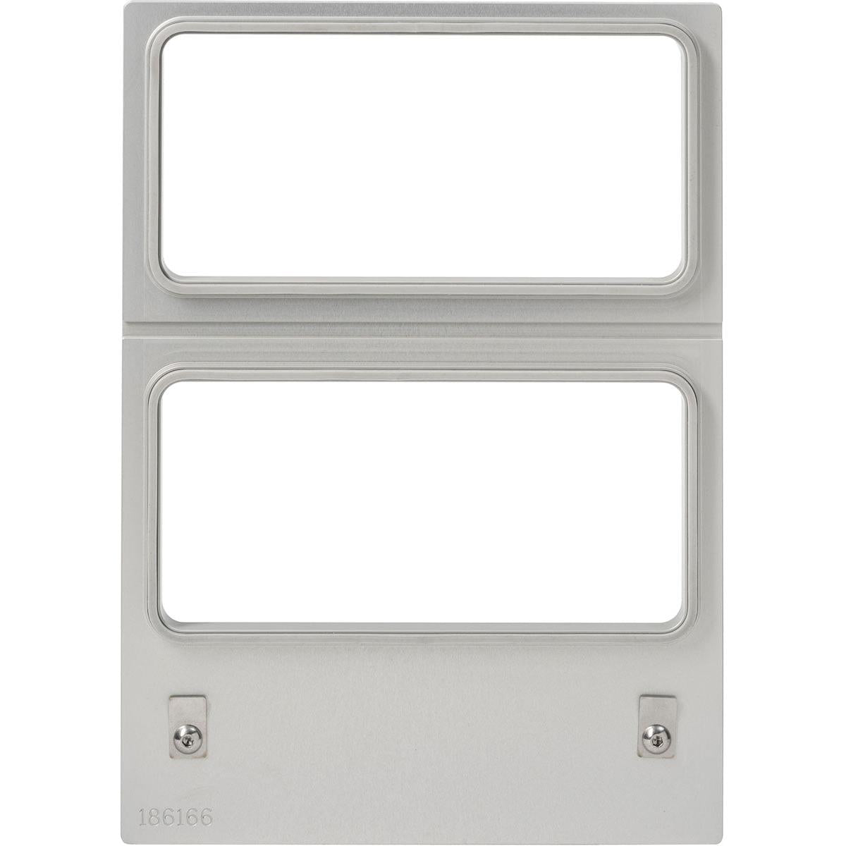 The DF10 cassette for Sandwich Tray 181x96x85 mm (2-compartment) by Duni GmbH has a silver frame with two rectangular openings, two screws at the bottom corners, and the number "186166" at the bottom left on a white background.