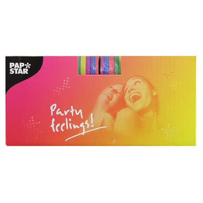 A pink-yellow rectangular packaging from PAPSTAR GmbH shows two smiling women, "Party Feelings!" and a window with PAPSTAR 3 streamers 4 m – high-quality decoration in a pack of 3 – in bright stripes.