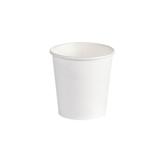 Ein weißer Kaffeebecher aus PAP/PLA von Duni GmbH mit 120 ml Fassungsvermögen ist zentriert auf weißem Hintergrund zu sehen; die Packung enthält 45 Stück.
