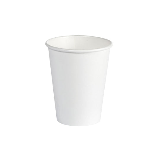 Ein Duni GmbH Kaffeebecher, 240 ml, PAP/PLA Weiß ist aufrecht und leer vor einem weißen Hintergrund abgebildet. Der Becher hat ein einfaches, glattes Design ohne Markierungen oder Verzierungen. Die Packung enthält 40 Stück.