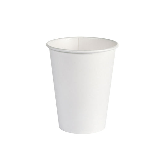 Ein weißer Kaffeebecher aus PAP/PLA (350 ml) von Duni GmbH steht aufrecht vor weißem Hintergrund - umweltfreundlicher Einwegbecher, Packung mit 50 Stück.