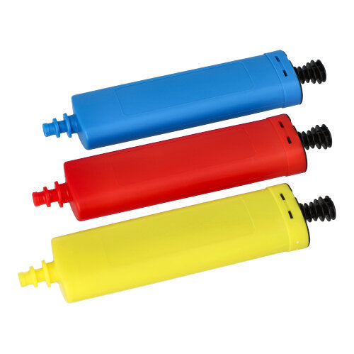 Three PAPSTAR balloon pumps (26x6 cm, assorted colors) by PAPSTAR GmbH are depicted in a row on a white background. Each air pump has a black nozzle and a rectangular shape, ideal for inflating balloons.