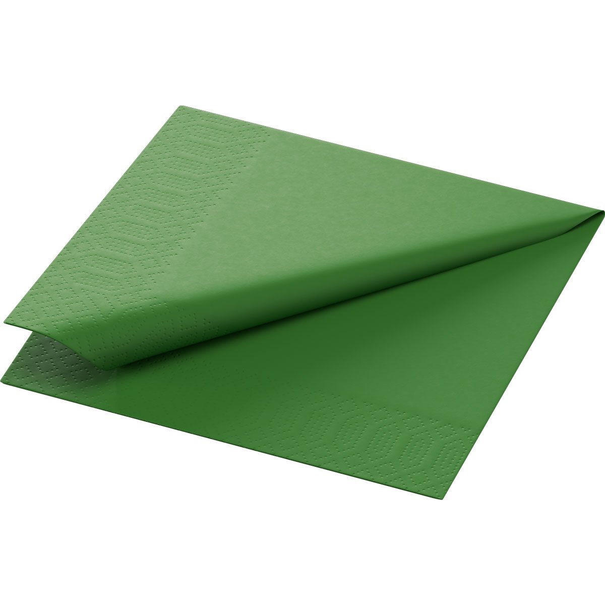 A Duni GmbH tissue napkin 24x24 cm, 3-ply, green (250-pack) is folded diagonally in half and shows structured patterns at the edges.