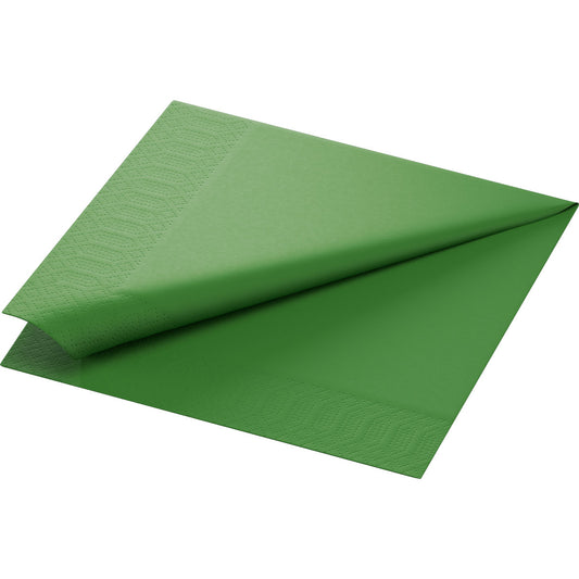 Ein Duni GmbH Zelltuchservietten 40 x 40 cm, 3-lagig, 1/4 Falz in blattgrün ist in der Hälfte gefaltet mit einem strukturierten Rand an zwei Kanten und auf einem weißen Hintergrund. Die Packung enthält 250 Servietten.