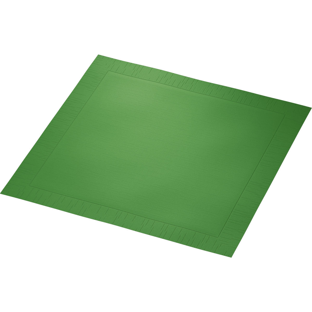 Die Duni GmbH Klassikservietten 40 x 40 cm 4-lagig, geprägt 1/4 Falz ist eine schlichte, quadratische grüne Serviette mit dezentem Randmuster, die flach auf weißem Untergrund liegt.