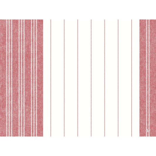 Die Dunicel-Tischsets 30 x 40 cm Handtuch rot von Duni GmbH (100er-Pack) sind eine stilvolle Wahl für Ihren Tisch mit zwei breiten roten und weißen vertikalen Bändern an den Seiten und dünnen roten Linien auf einer weißen Mitte.