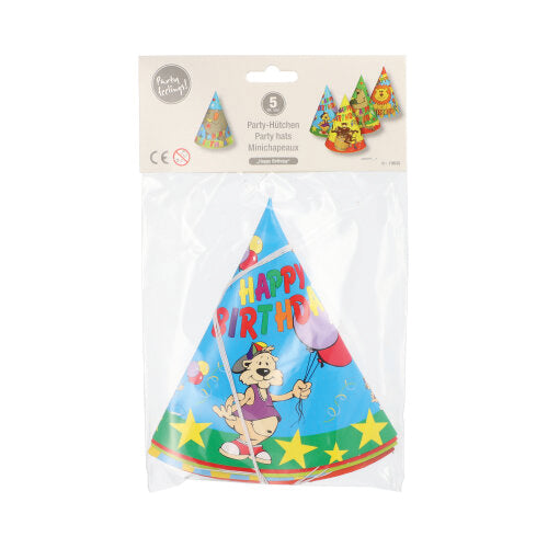 Das PAPSTAR 5 Hütchen der PAPSTAR GmbH umfasst fünf kegelförmige Geburtstagshüte mit Comic-Tieren, Luftballons und „Happy Birthday“-Motiven, verpackt in durchsichtigem Kunststoff.