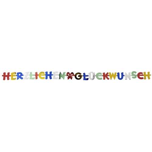 Die PAPSTAR Grußkette „Herzlichen Glückwunsch“ (2,5m) von PAPSTAR GmbH besteht aus bunten Buchstaben auf weißem Hintergrund und eignet sich ideal als Dekoration für Feierlichkeiten.