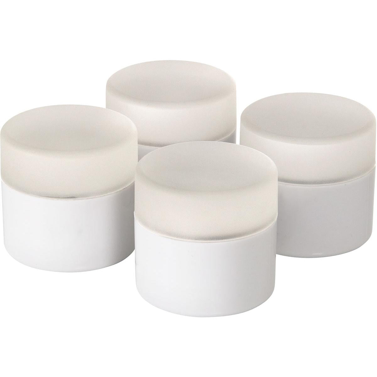 Four identical white plastic containers with frosted lids are arranged on a solid-colored background, reminiscent of the colorful glow of the Duni GmbH LED Mini Replacement Set, Multicolour - Colorful light accents for home | 1 piece.