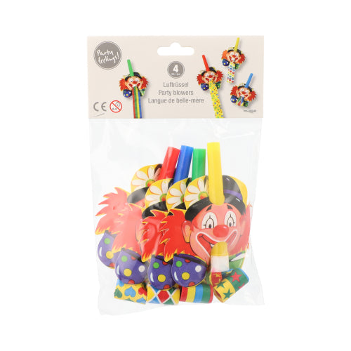 In einem transparenten Beutel der PAPSTAR GmbH befinden sich vier Partyrüssel „Clowngesicht“ mit fröhlichem Clown-Motiv. Das obere Etikett zeigt Produktinformationen in mehreren Sprachen.