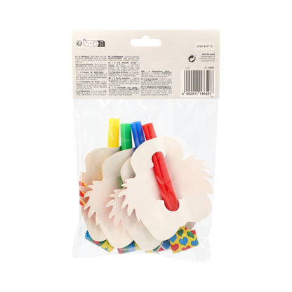 A transparent bag from PAPSTAR GmbH contains 4 colorful clown faces, perfect for parties and celebrations. The packaging label with text and barcode is visible - a fun accessory for festive occasions!