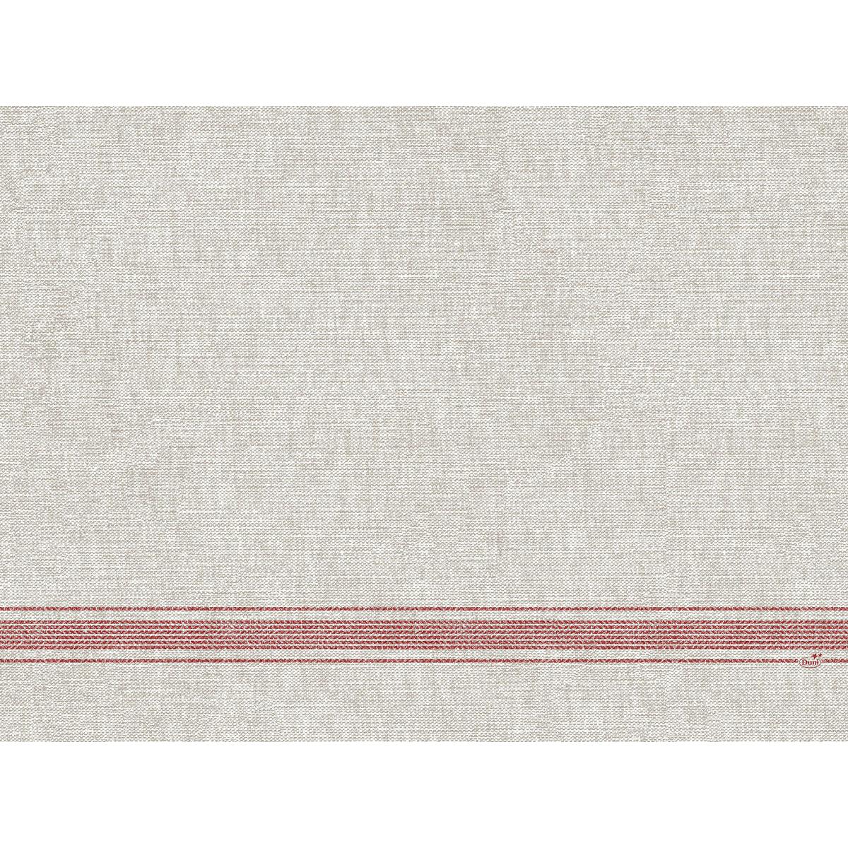 The Dunicel placemats 30 x 40 cm Cocina bordeaux from Duni GmbH have a light beige textured fabric with three evenly distributed red stripes at the bottom and a natural woven look. Sold in packs of 100 pieces.