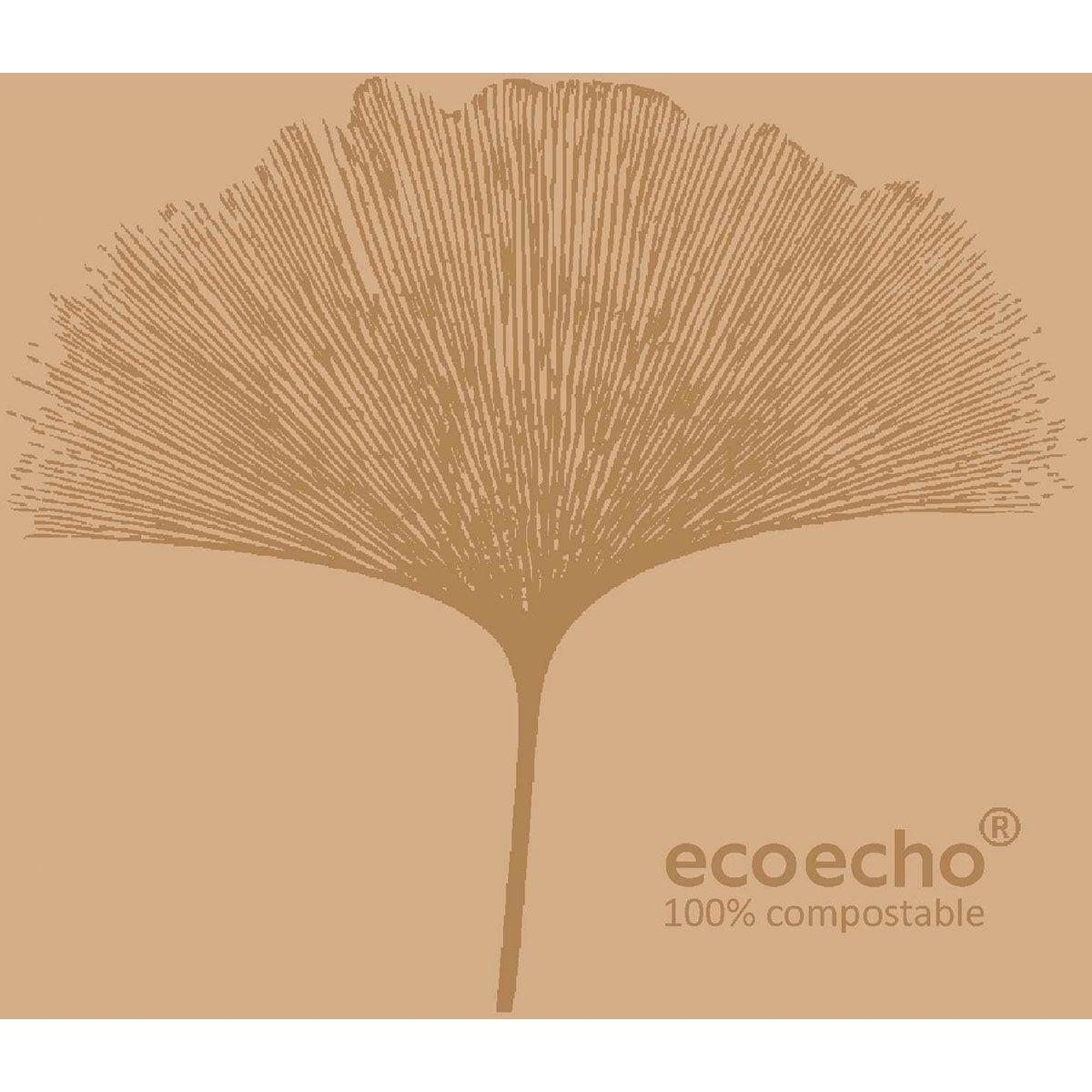 Ein braunes, stilisiertes Blatt mit strahlenförmig verlaufenden Adern befindet sich mittig auf einem hellbraunen Hintergrund. In der rechten unteren Ecke steht "ecoecho® 100% kompostierbar" - ideal für Dunisoft-Servietten 20 x 20 cm der Duni GmbH.