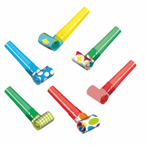 Six color-assorted PAPSTAR 6 party blowers from PAPSTAR GmbH are arranged on a white background. Each model has a different, colorful pattern – ideal as party accessories for children's birthdays.
