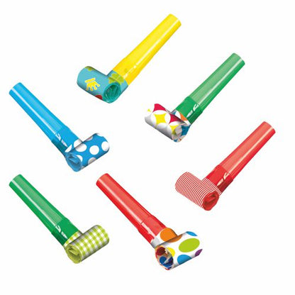 Six color-assorted PAPSTAR 6 party blowers from PAPSTAR GmbH are arranged on a white background. Each model has a different, colorful pattern – ideal as party accessories for children's birthdays.