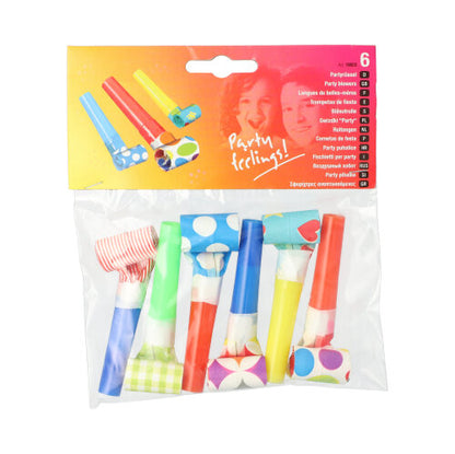 PAPSTAR GmbH 6 party blowers: color-assorted with stripes and dots, in a clear bag with a cardboard label – perfect as party accessories for children's birthdays.