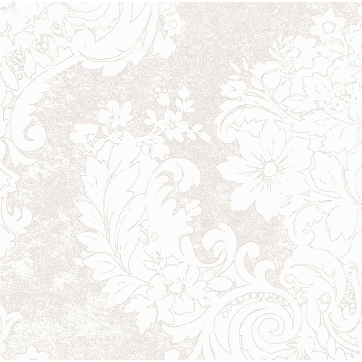 Die Dunilin-Servietten 40 x 40 cm 1/4 Falz von Duni GmbH zeigen ein weißes und hellbeiges, verziertes Blumen- und Blattmuster, das von eleganten Servietten inspiriert ist, mit großen Blüten und wirbelnden Ranken auf einem fein strukturierten Hintergrund.