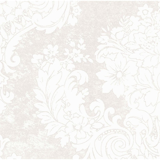 Die Dunilin-Servietten 40 x 40 cm 1/4 Falz von Duni GmbH zeigen ein weißes und hellbeiges, verziertes Blumen- und Blattmuster, das von eleganten Servietten inspiriert ist, mit großen Blüten und wirbelnden Ranken auf einem fein strukturierten Hintergrund.