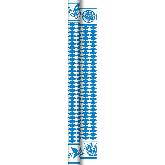 Die Dunicel-Tischdeckenrolle 1,18m x 40m "Bayer. Raute" der Duni GmbH zeichnet sich durch ein blau-weißes geometrisches Rauten- und Blumenmuster aus, das sich horizontal über die gesamte Länge dieser dekorativen Textilrolle erstreckt.