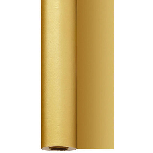 Eine Rolle Dunisilk-Tischdeckenrollen 1,18 m x 25 m von Duni GmbH wird aufrecht und teilweise ausgerollt gezeigt, wodurch die glatte, goldglänzende Oberfläche hervorgehoben wird - ideal für besondere Anlässe in der Gastronomie.