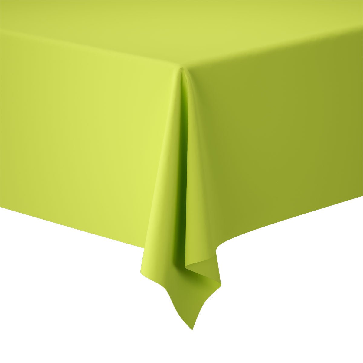 A close-up shows the corner of a rectangular table with a bright green paper tablecloth 50x1.18 m in Kiwi from Duni GmbH, gently draped and neatly hanging against a white background.