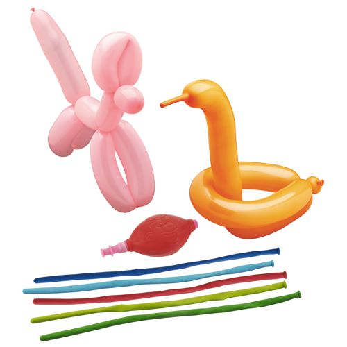 PAPSTAR 5 Modellierballons 120cm farbig sortiert mit Pumpe (Beutel, 5 Stück) von PAPSTAR GmbH: auf weißem Hintergrund, inkl. pinkem Hund, orangefarbenem Schwan, rotem und vier langen ungefüllten Ballons in Blau, Grün und Lila.