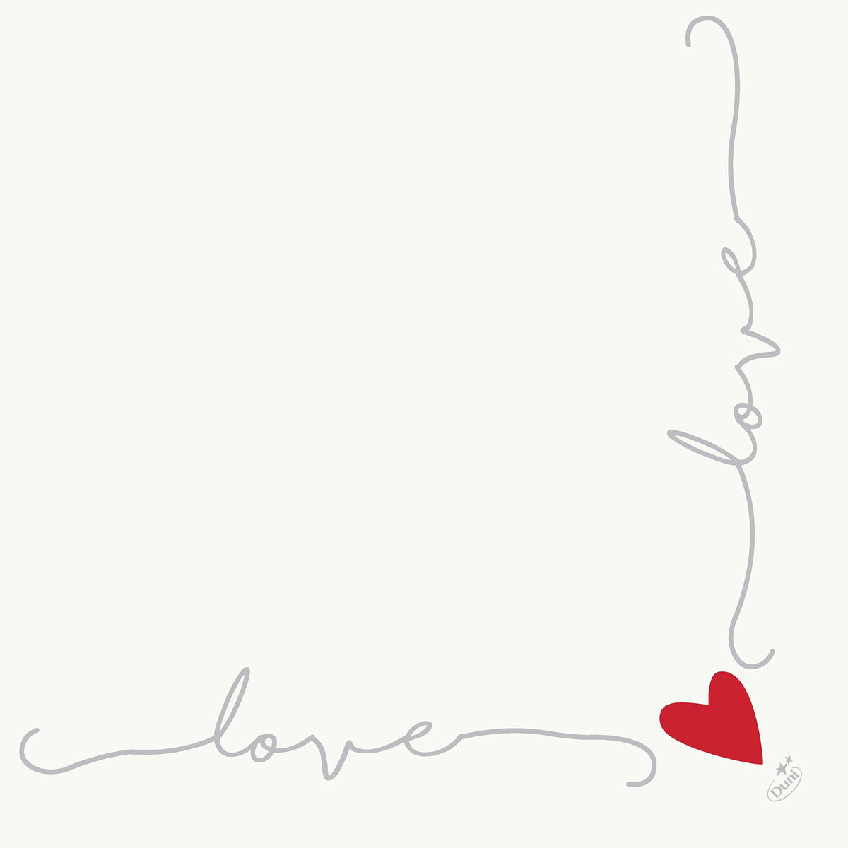 Die Dunisoft-Servietten 40 x 40 cm 1/4 Falz der Duni GmbH zeichnen sich durch ein minimalistisches Design aus: "love" in grauer Schreibschrift bildet zwei Seiten eines Quadrats mit einem roten Herz in der Ecke auf einem schlichten weißen Hintergrund.