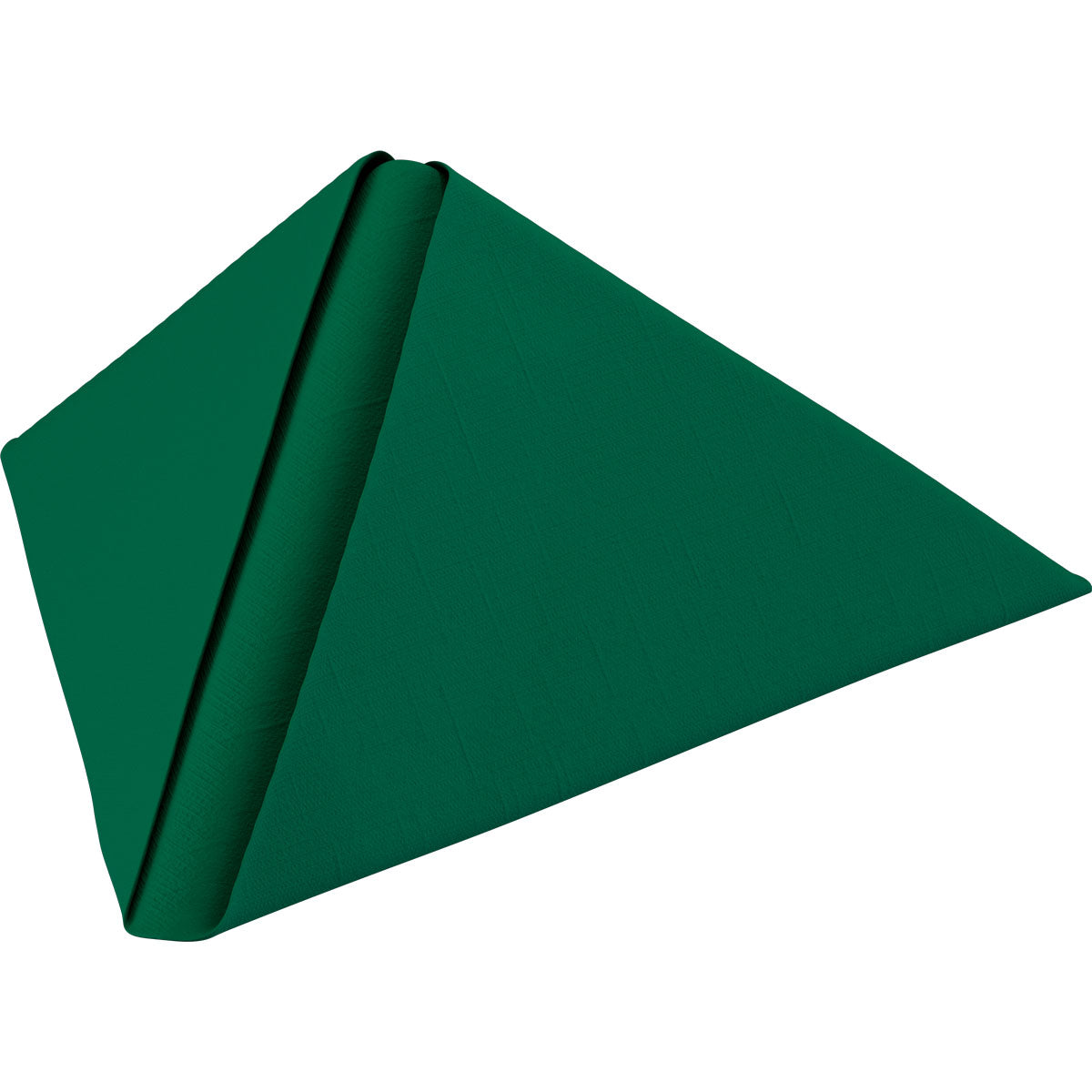 Ein dunkelgrüner Duni GmbH Dunilin-Servietten 40 x 40 cm 1/4 Falz ist pyramidenförmig gefaltet, mit einer sichtbaren Falte, die von der Spitze nach unten verläuft, und steht auf einem schlichten weißen Hintergrund.