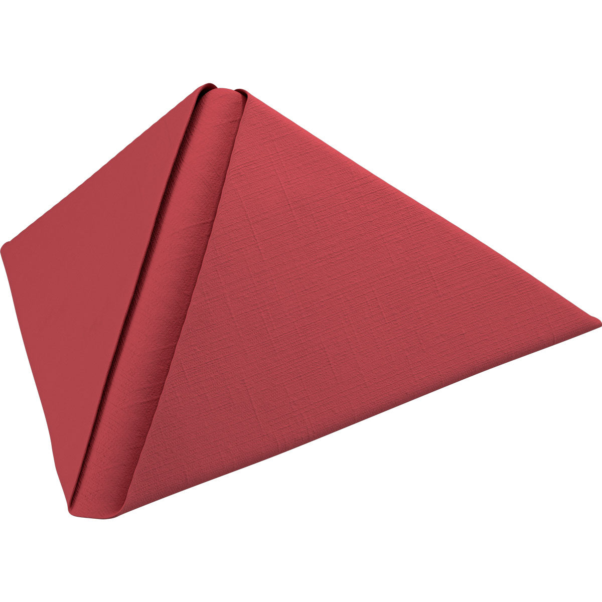 Ein roter Dunilin-Servietten 40 x 40 cm 1/4 Falz der Duni GmbH ist vor weißem Hintergrund zu einer dreieckigen, pyramidenartigen Form gefaltet und zeigt sein hochwertiges Gewebe mit einem dezenten Strukturmuster.