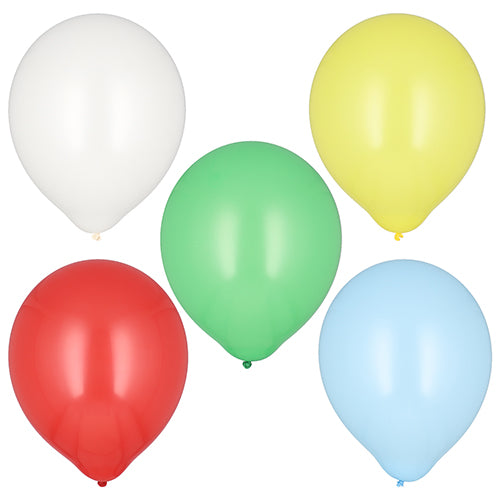 Acht runde, glänzende PAPSTAR Luftballons Ø 32 cm in verschiedenen Farben (weiß, gelb, grün, rot, blau) der PAPSTAR GmbH sind auf einem schlichten weißen Hintergrund angeordnet und reflektieren das Licht für eine festliche Partydekoration.