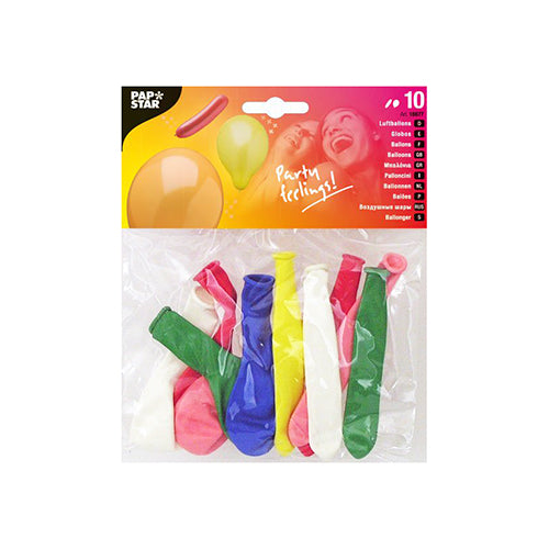 Shown is a 10-pack of PAPSTAR balloons in assorted colors, various shapes by PAPSTAR GmbH. The bag shows colorful balloons and a smiling person, ideal for party decorations.