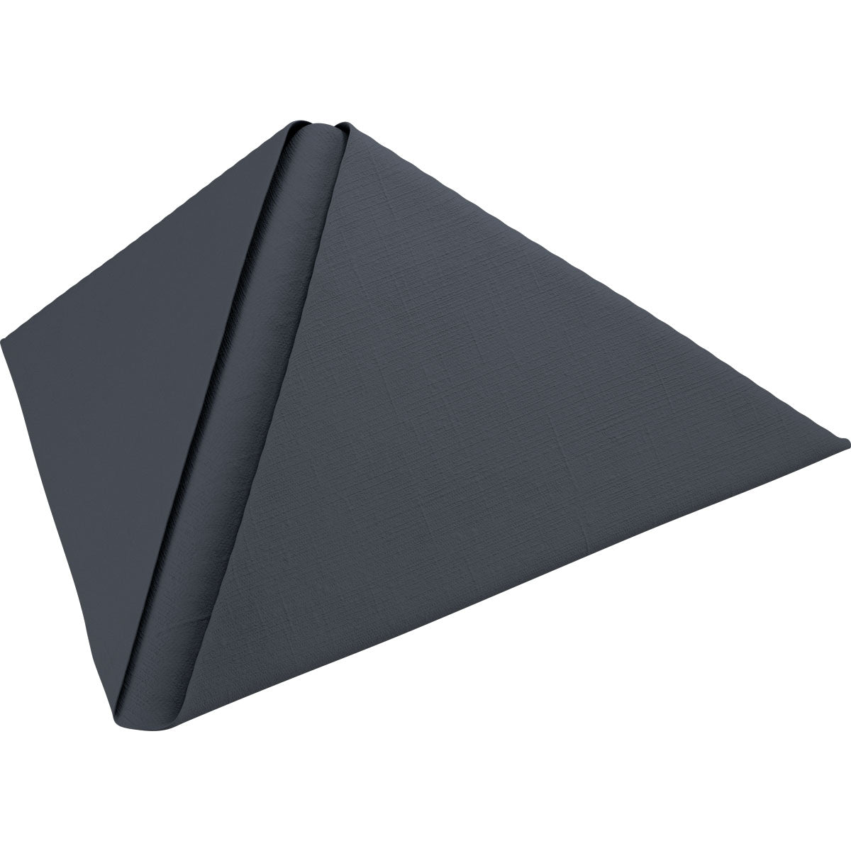 Ein dunkelgrauer Dunilin-Servietten 48 x 48 cm 1/4 Falz der Duni GmbH ist zu einer dreieckigen, pyramidenartigen Form gefaltet, wobei eine Kante nach innen gerollt ist, und auf einen weißen Hintergrund gelegt.