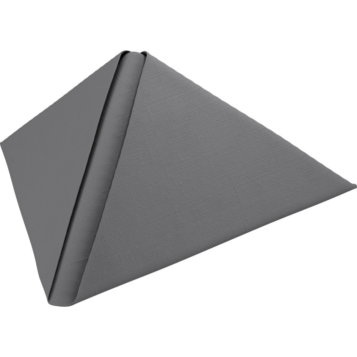 Ein sauber gefalteter grauer Dunilin-Servietten 48 x 48 cm 1/4 Falz der Duni GmbH steht aufrecht in einer dreieckigen, pyramidenartigen Form vor einem schlichten weißen Hintergrund.