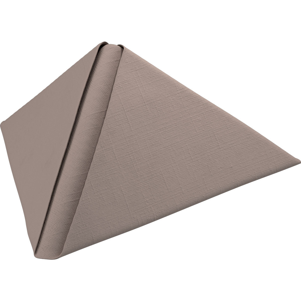 Ein Dunilin-Servietten 40 x 40 cm 1/4 Falz der Duni GmbH, sauber zu einer Pyramide gefaltet, wird auf einem schlichten weißen Hintergrund für eine elegante Präsentation präsentiert.