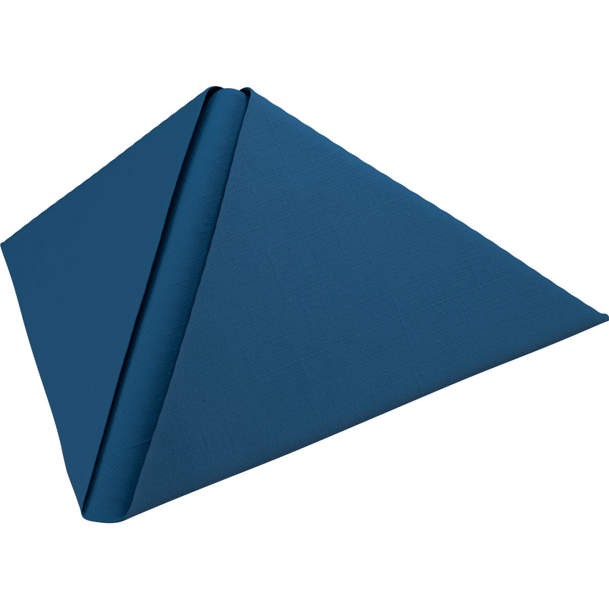 Eine blaue Dunilin-Servietten 48 x 48 cm 1/4 Falz Serviette von Duni GmbH ist zu einer stehenden dreieckigen Pyramidenform gefaltet und auf einem weißen Hintergrund platziert.
