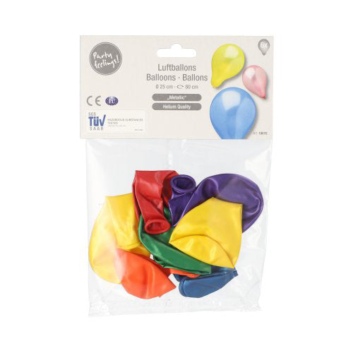 In einem transparenten Plastikbeutel der PAPSTAR GmbH befinden sich 6 metallic-farbige Luftballons (Ø 25 cm, farbig sortiert), ideal zur Partydekoration. Auf der Verpackung steht: „PAPSTAR 6 Luftballons farbig sortiert 'Metallic'“.
