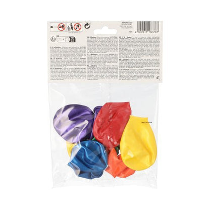 A transparent plastic bag from PAPSTAR GmbH contains six assorted PAPSTAR balloons (Ø 25 cm) in metallic design in various colors, with safety instructions and product information - ideal for any celebration!