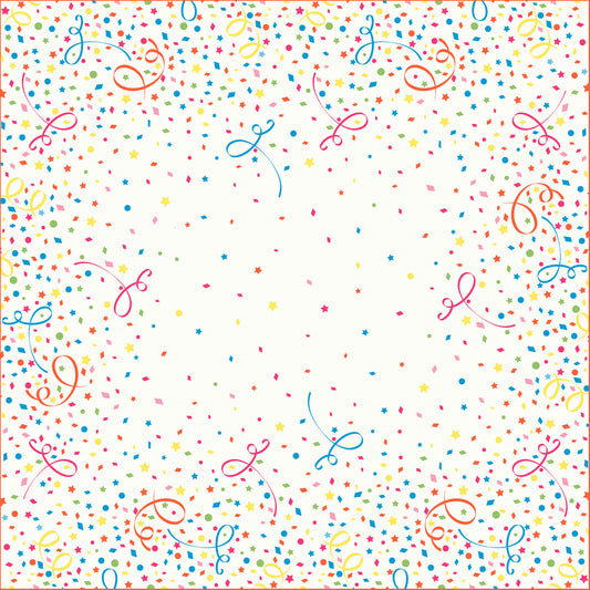 Die Dunicel-Mitteldecken 84 x 84 cm Confetti von Duni GmbH haben eine festliche quadratische Bordüre aus buntem Konfetti, Sternen und geschwungenen Linien - ideal für die Tischdekoration. Packung mit 20 Stück. Die Mitte ist frei für Ihre Botschaft. Farben: rot, blau, gelb, grün, orange.