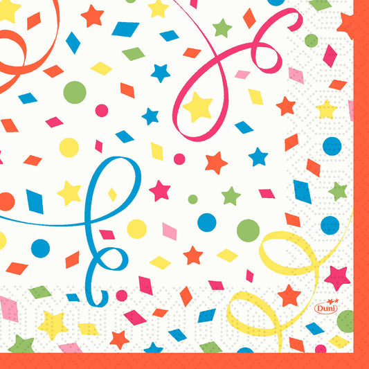 Die Duni GmbH Zelltuchservietten 33 x 33 cm 3lagig 1/4 Falz Confetti zeigen einen leuchtenden Konfettidruck mit Sternen, Kreisen, Rauten und Luftschlangen auf Weiß mit orangefarbenem Rand; Packung mit 250 strapazierfähigen Servietten.