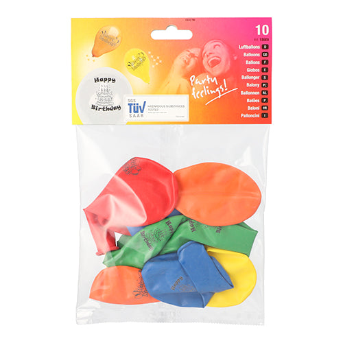 Die PAPSTAR 10 Luftballons Ø 22cm farbig sortiert „Happy Birthday“ der PAPSTAR GmbH kommen in einer Kunststoffpackung mit zehn farbig sortierten Luftballons und Tortenmotiven – ideal für jede Geburtstagsparty.