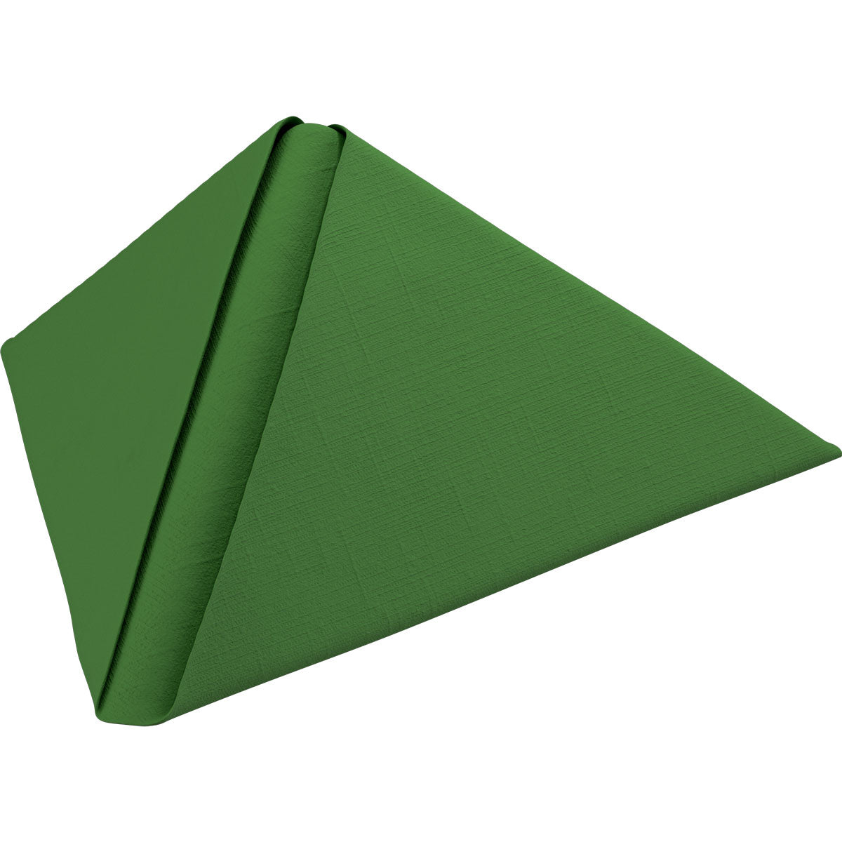 Eine grüne Dunilin-Servietten 40 x 40 cm 1/4 Falz Serviette von Duni GmbH ist zu einer dreieckigen Pyramide gefaltet und auf weißem Hintergrund abgebildet.