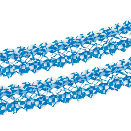 Zwei PAPSTAR Papier-Girlanden (Ø 16 cm, 4 m, "Bayrisch Blau", schwer entflammbar) der PAPSTAR GmbH mit blau-weißem Rautenmuster sind auf weißem Untergrund abgebildet. Ideal für festliche Dekorationen.