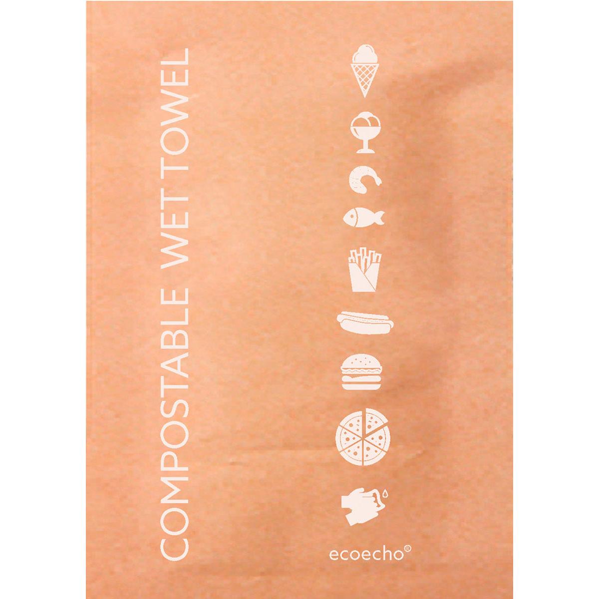 Eine braune Duni GmbH Erfrischungstücher (Kompostierbar) 50 x 70 mm Neutral Packung (1000 Stück) mit weißen Symbolen von Lebensmitteln und "COMPOSTABLE WET TOWEL" Design.