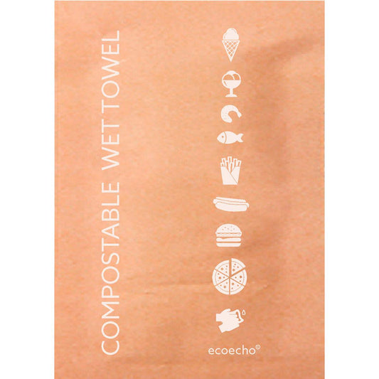 Eine braune Duni GmbH Erfrischungstücher (Kompostierbar) 50 x 70 mm Neutral Packung (1000 Stück) mit weißen Symbolen von Lebensmitteln und "COMPOSTABLE WET TOWEL" Design.