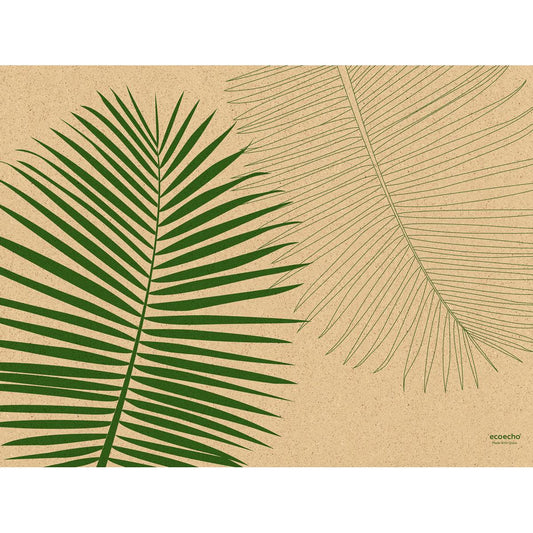 Zwei Palmwedel, ein dunkelgrüner und ein heller Umriss, sitzen auf einem hellbraun gesprenkelten Graspapier Tischset 30 x 40 cm Leaf von Duni GmbH. "Ecoecho" steht in der Ecke, perfekt für nachhaltige Tischdekoration. Packung: 250 Stück.