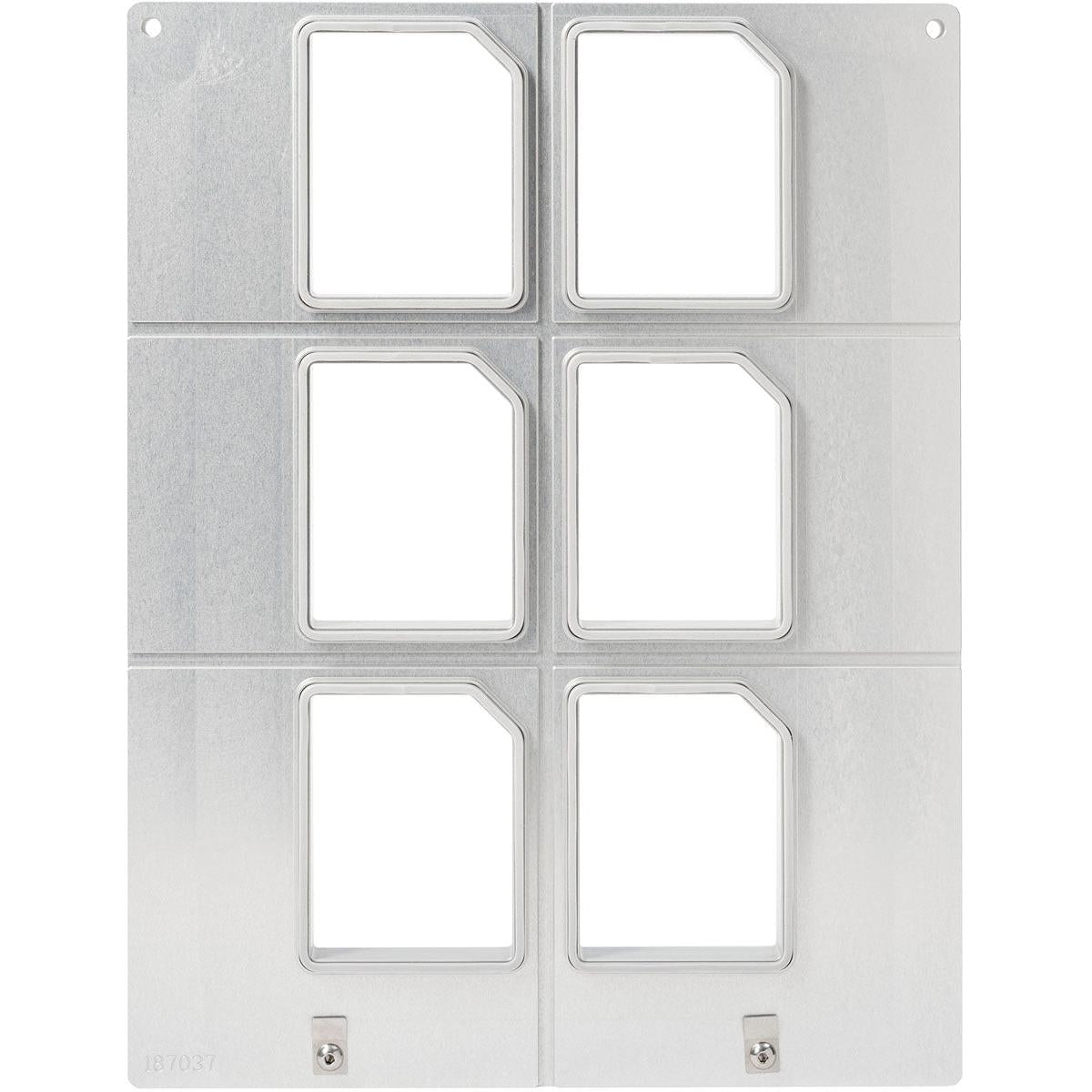 The Duni GmbH cassette DF15/25 for Polardeli rPET Mini 100 ml (6-piece nest) features a metal plate with six rectangular cutouts in two columns and three rows, with rounded top left corners and two screws at the bottom edge.