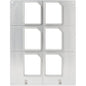 The Duni GmbH cassette DF15/25 for Polardeli rPET Mini 100 ml (6-piece nest) features a metal plate with six rectangular cutouts in two columns and three rows, with rounded top left corners and two screws at the bottom edge.