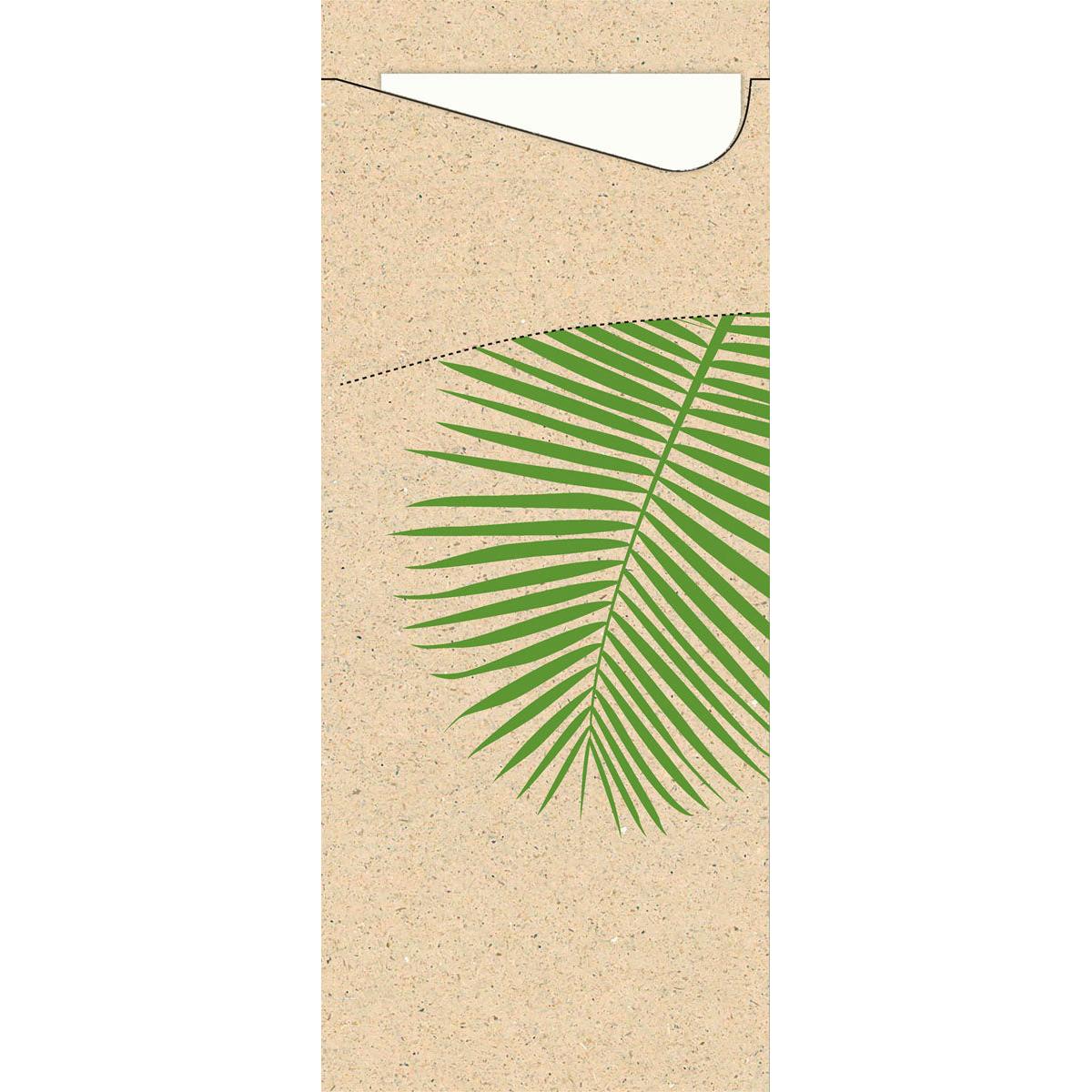 Ein grünes Palmblatt liegt schräg auf einer braunen, strukturierten Oberfläche. Oben ist eine weiße Umschlagklappe - passend zum Sacchetto Zelltuch 190 x 85 mm von Duni GmbH - teilweise sichtbar.