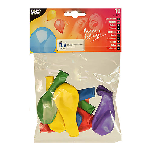 Die 10 Luftballons Ø 19cm farbig sortiert „Rainbow“ der PAPSTAR GmbH werden in einem Klarsichtbeutel mit Party-Etikett geliefert und enthalten zehn unaufgeblasene, farblich sortierte Luftballons, ideal für festliche Anlässe.