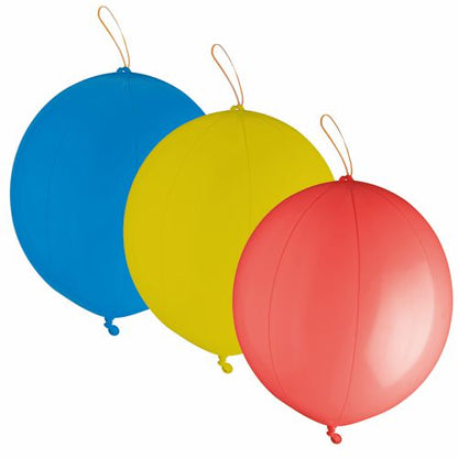 Three PAPSTAR punch balloons (Ø 40 cm, assorted colors) from PAPSTAR GmbH are presented in blue, yellow, and red with rubber bands and eyelets in a 3-pack against a white background.